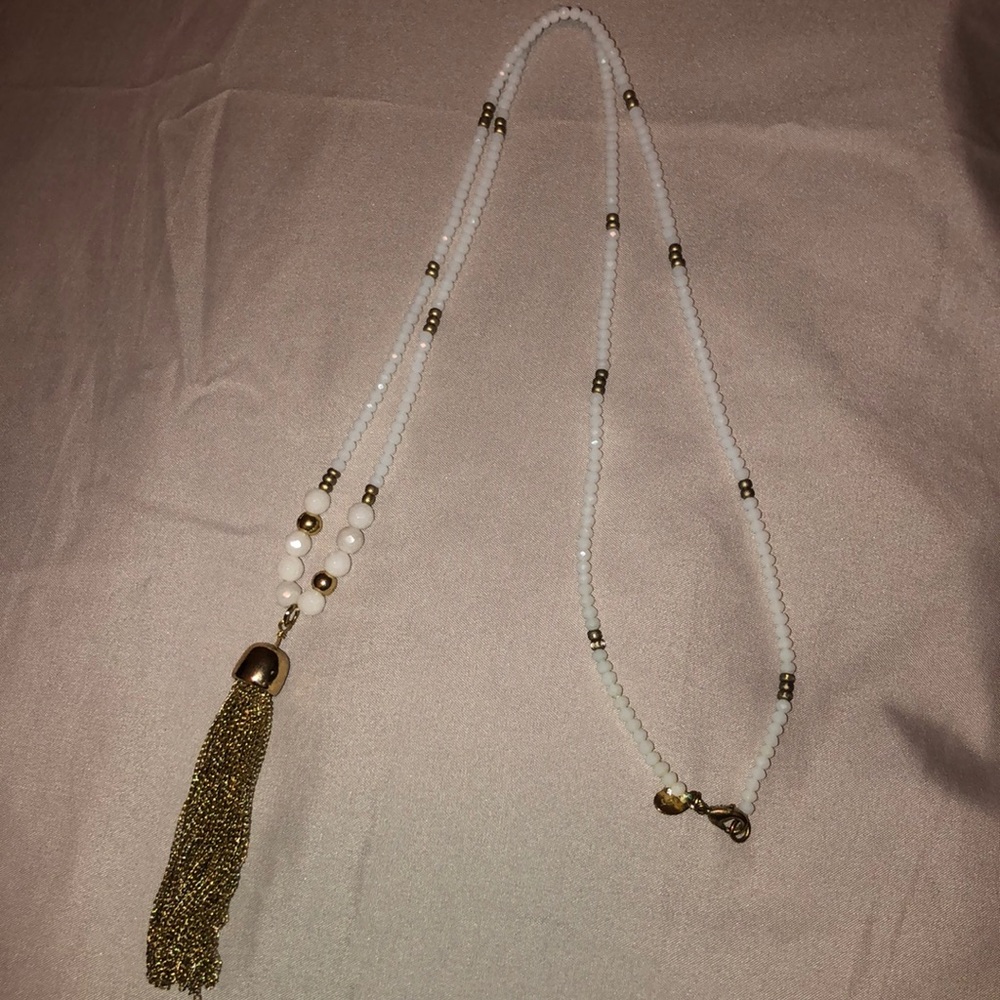 White & gold beaded & tasseled necklace